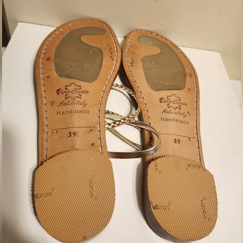 New NaNa Positano Handmade Gold Strappy Flat Sandals Sz.8.5/39 Ret.$266/ €278 - Picture 11 of 12